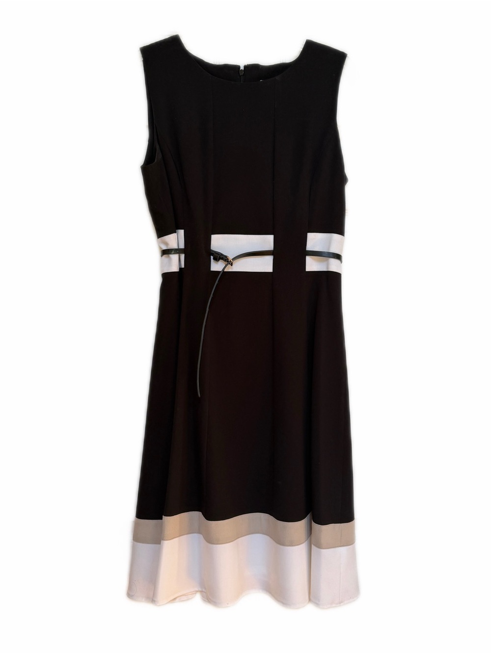 Calvin Klein Sleeveless A-Line Dress – Black with White & Tan Accents – Size 8